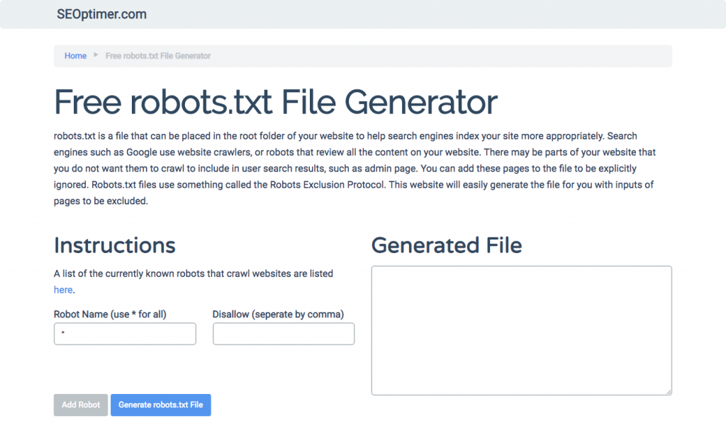 Gerador de robots.txt do SEOptimer